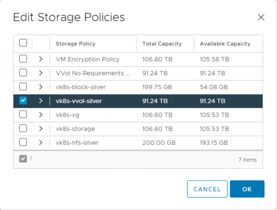 vSphere Client devops namespace choosing storage policies to remove