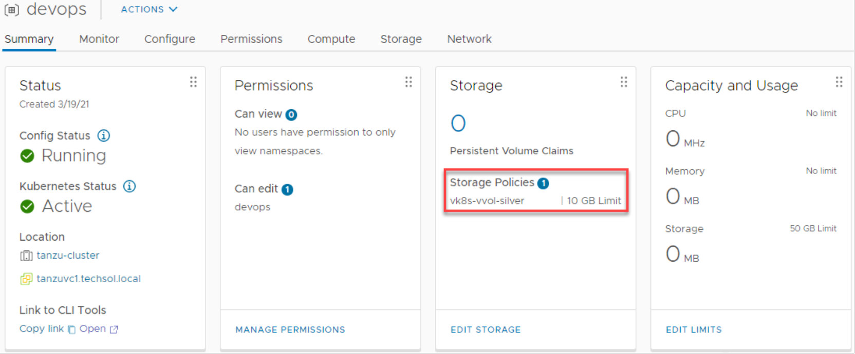 vSphere Client devops namespace showing updated storage policies in use