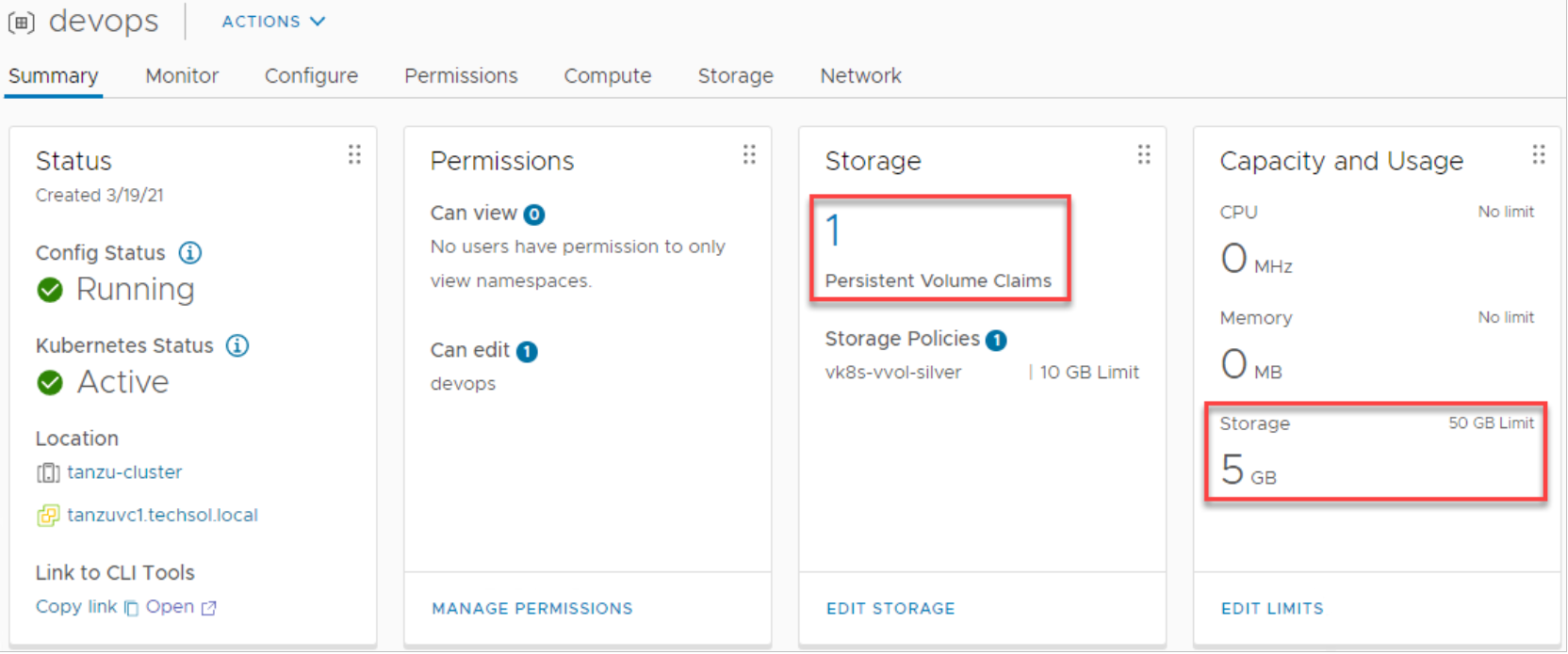 vSphere Client devops namespace viewing persistent volume claim