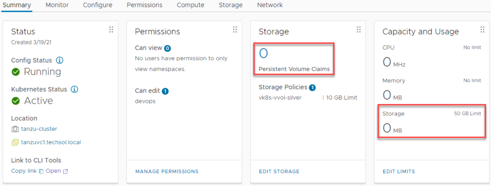 vSphere Client devops namespace showing zero persistent volume claims