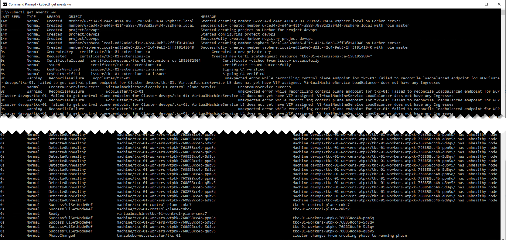 Command prompt using kubectl to monitor the deployment of TKG cluster
