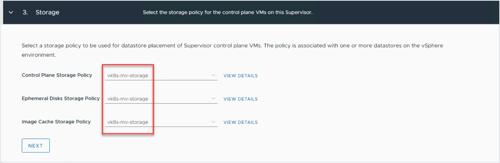 vSphere Client showing storage policies in use for control plane VMs