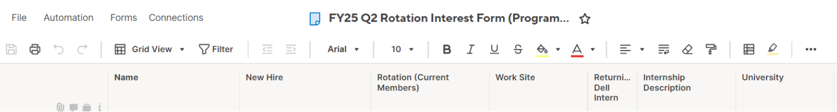 Screenshot of the FY25 Q2 Rotation Interest Form interface displaying a table with columns for Name, New Hire, Rotation (Current Members), Work Site, Returning Dell Intern, Internship Description, and University.