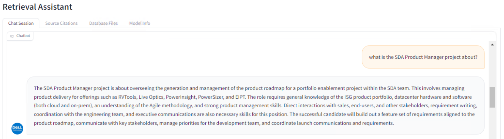 A screenshot of the HR-Assist responding to a query about the SDA Product Manager project. The response details the role's responsibilities, including managing the product roadmap, requiring skills in Agile methodology, product management, and coordination with stakeholders.