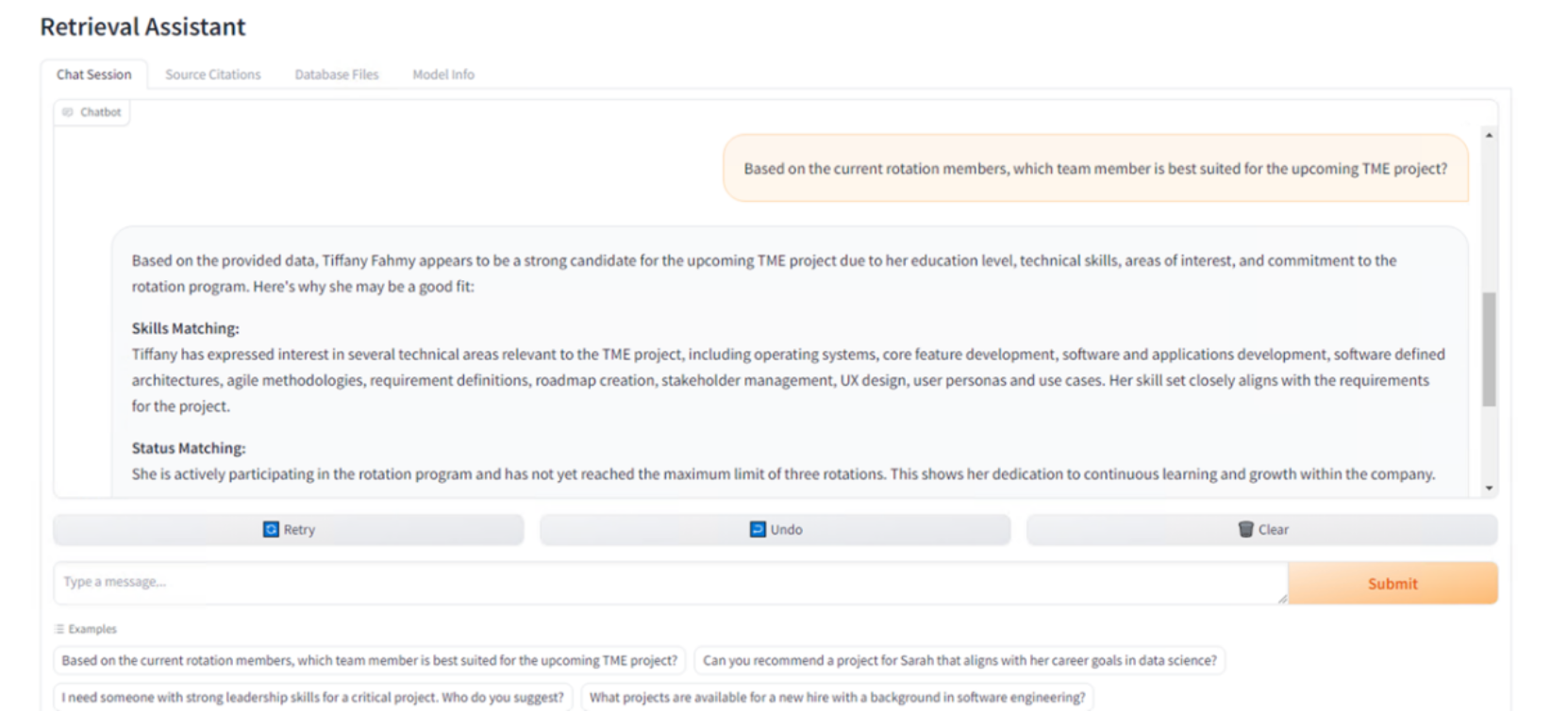 Screenshot of the HR-Assist displaying a query about which team member is best suited for the upcoming TME project. The response suggests Tiffany Fahmy is a strong candidate based on her relevant technical skills, areas of interest, and participation in the rotation program, with detailed reasoning in the areas of skills matching and status matching.