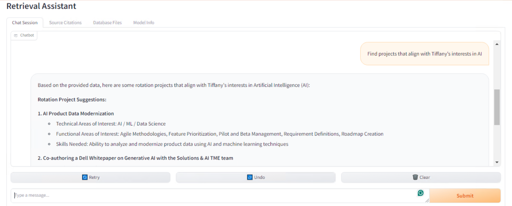 A screenshot of the HR-Assist interface showing a response to the query about finding projects that align with Tiffany Fahmy’s interests in AI. The response suggests rotation projects including AI Product Data Modernization, with a focus on areas like AI/ML, data science, and agile methodologies, as well as co-authoring a whitepaper on generative AI with the Solutions & AI TME team.