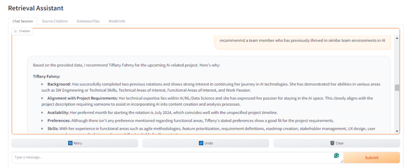 A screenshot of the HR-Assist interface showing a recommendation for Tiffany Fahmy for an AI-related project. The recommendation highlights her background in AI technologies, alignment with project requirements, availability in July 2024, and relevant skills in areas such as agile methodologies, feature prioritization, and stakeholder management.