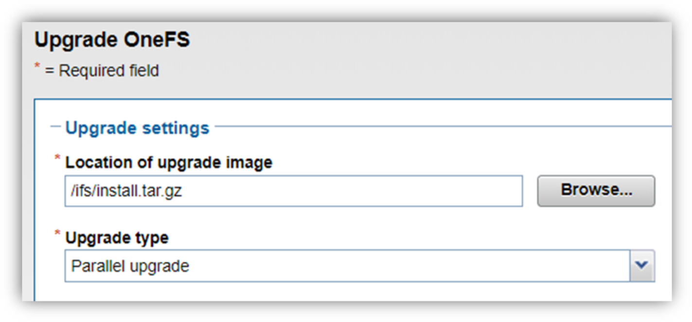 This figure shows the OneFS webui for  upgrading the OS.