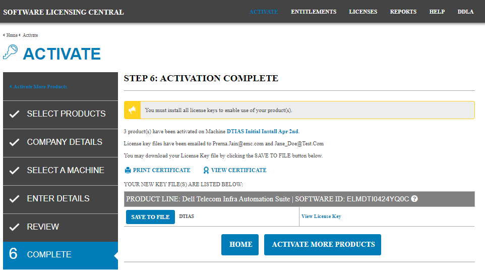 Screenshot of the Activate complete window