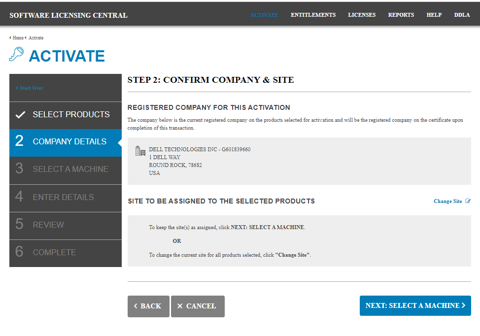 Screenshot of the Confirm Company and Site page.