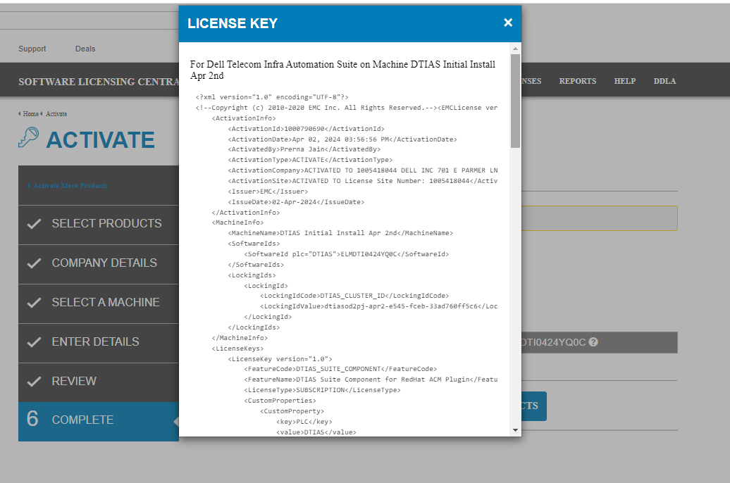 Screenshot of the View License Key window