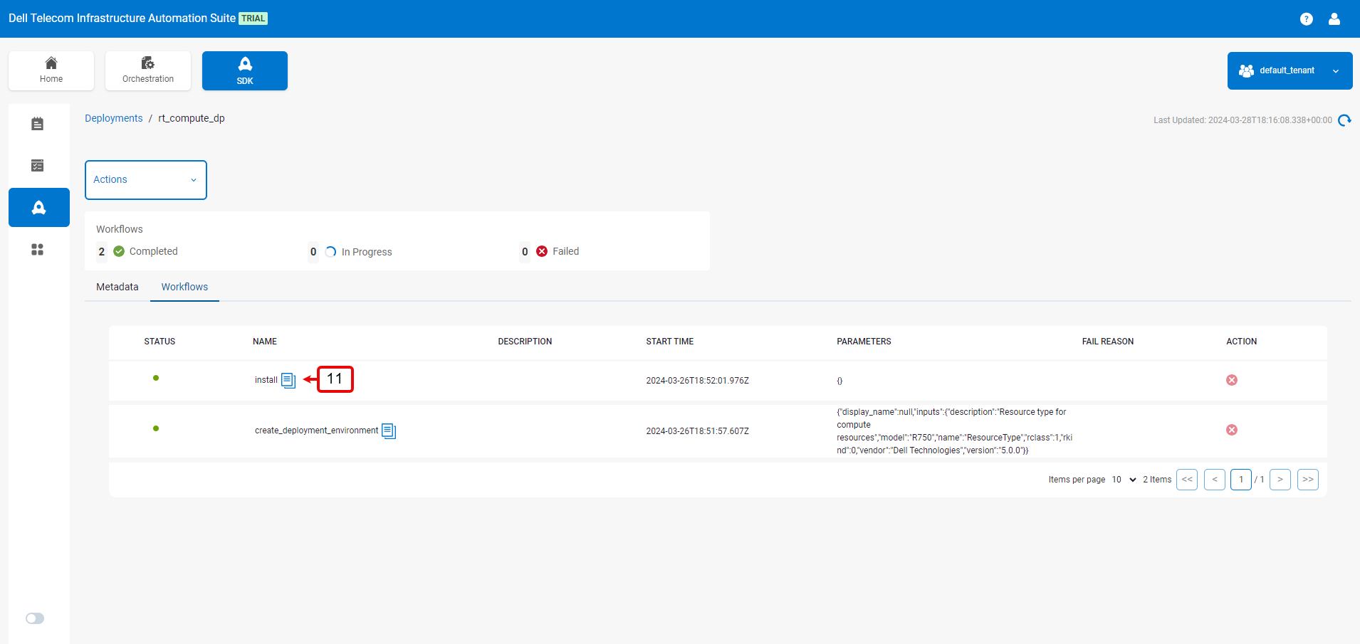 A screenshot of the workflows page showing the View Logs icon.