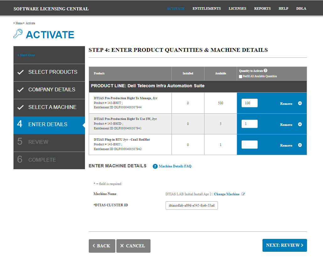 Screenshot of the product quantities and machine details window