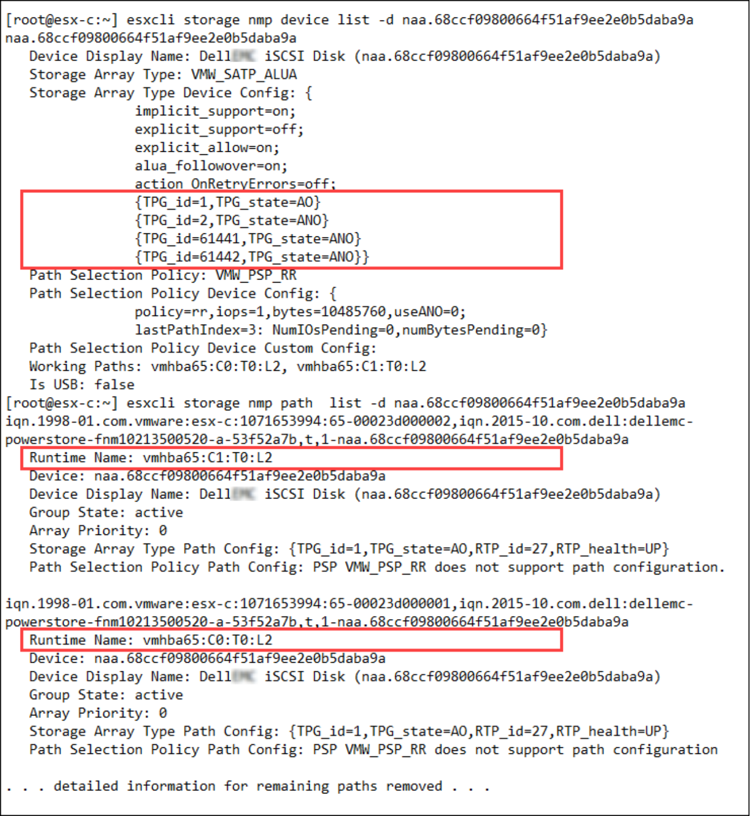 VMware esxcli command line output