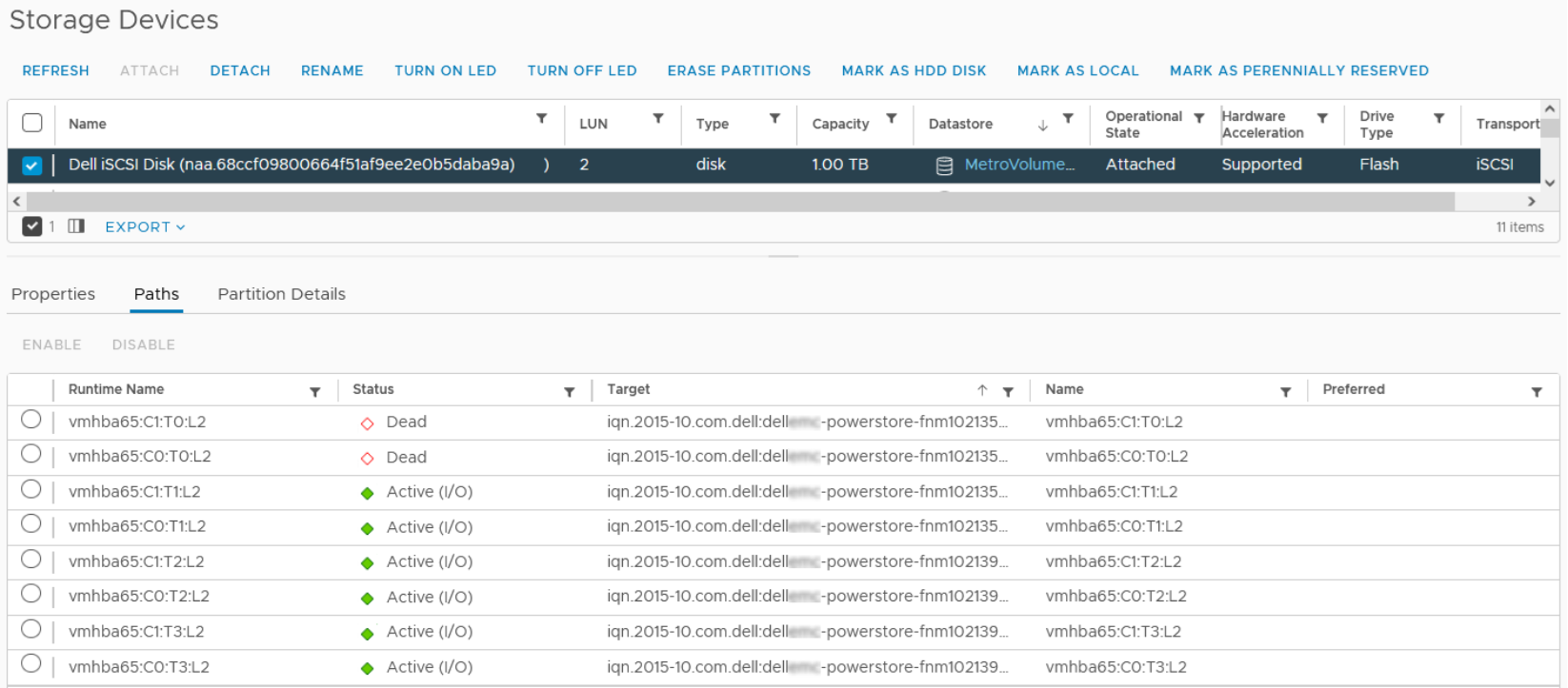 vSphere client showing two dead paths for a device