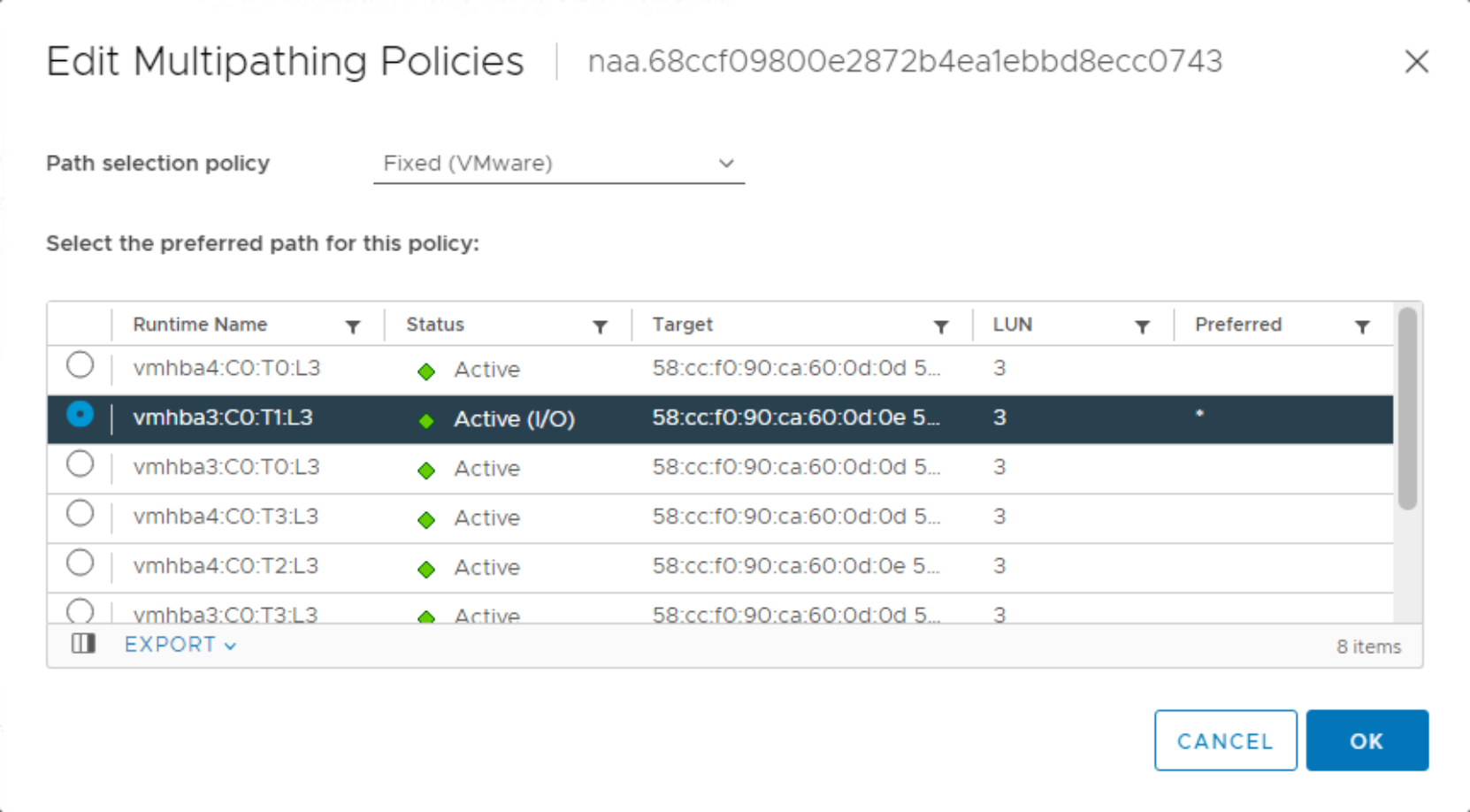 vSphere client showing fixed path selection policy