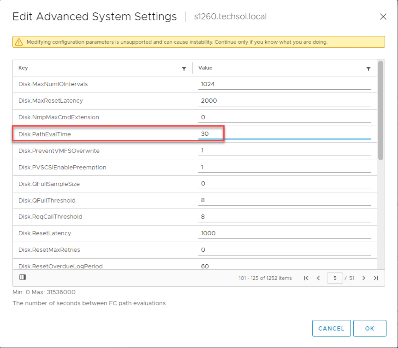 vSphere client editing of advanced system settings Disk.PathEvalTime 30