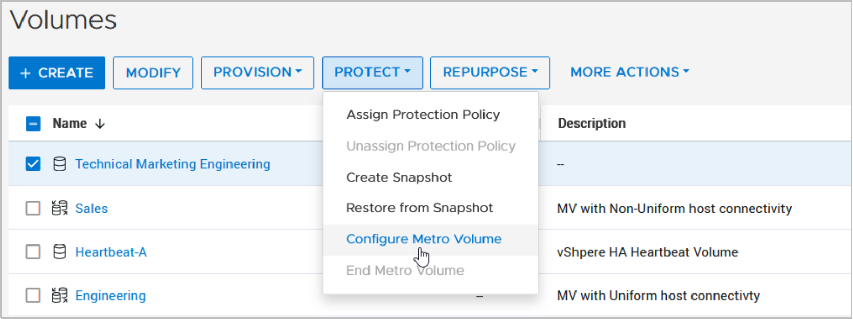 PowerStore Manager converting a standard volume to Metro Volume