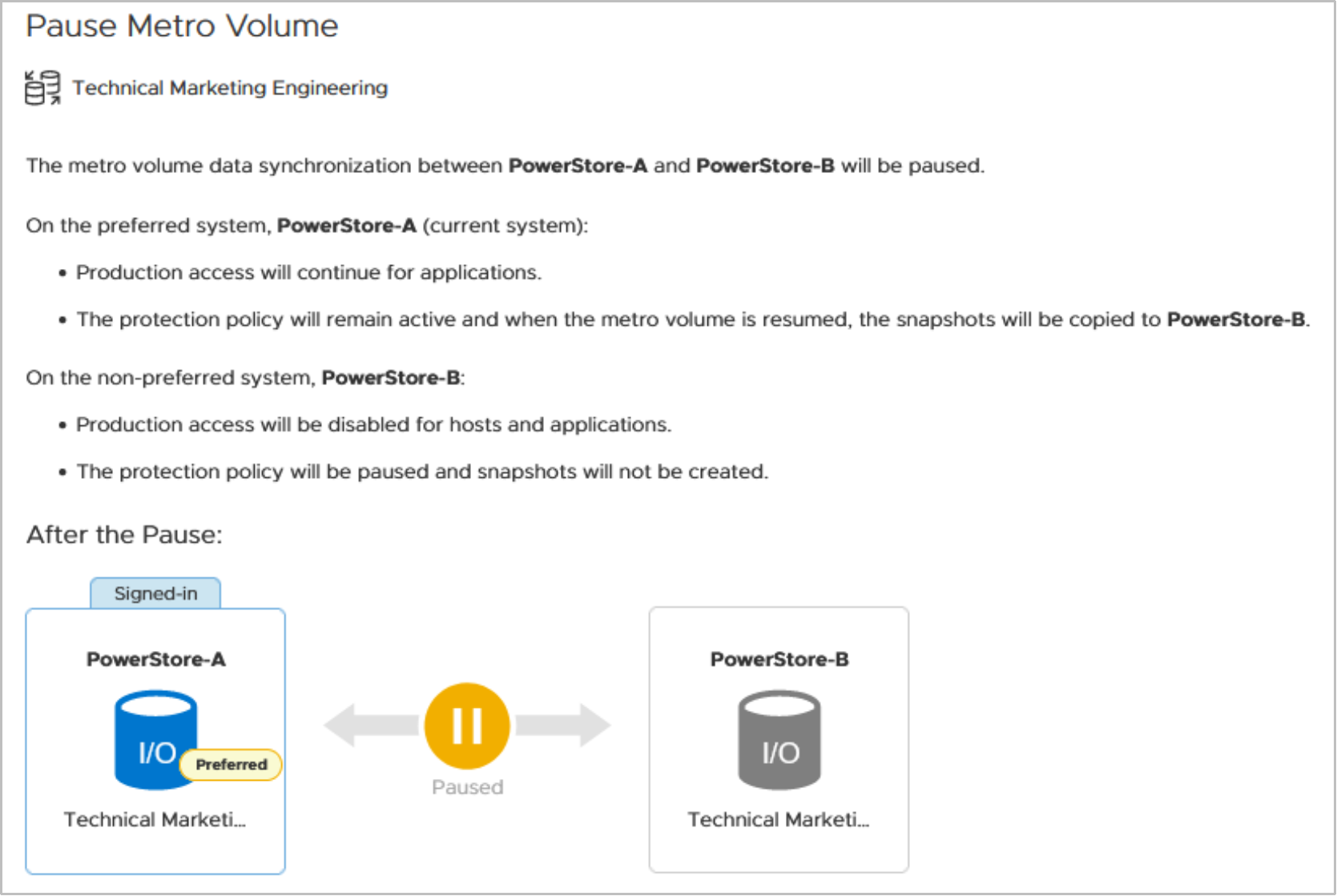 PowerStore Manager Pause Metro Volume summary