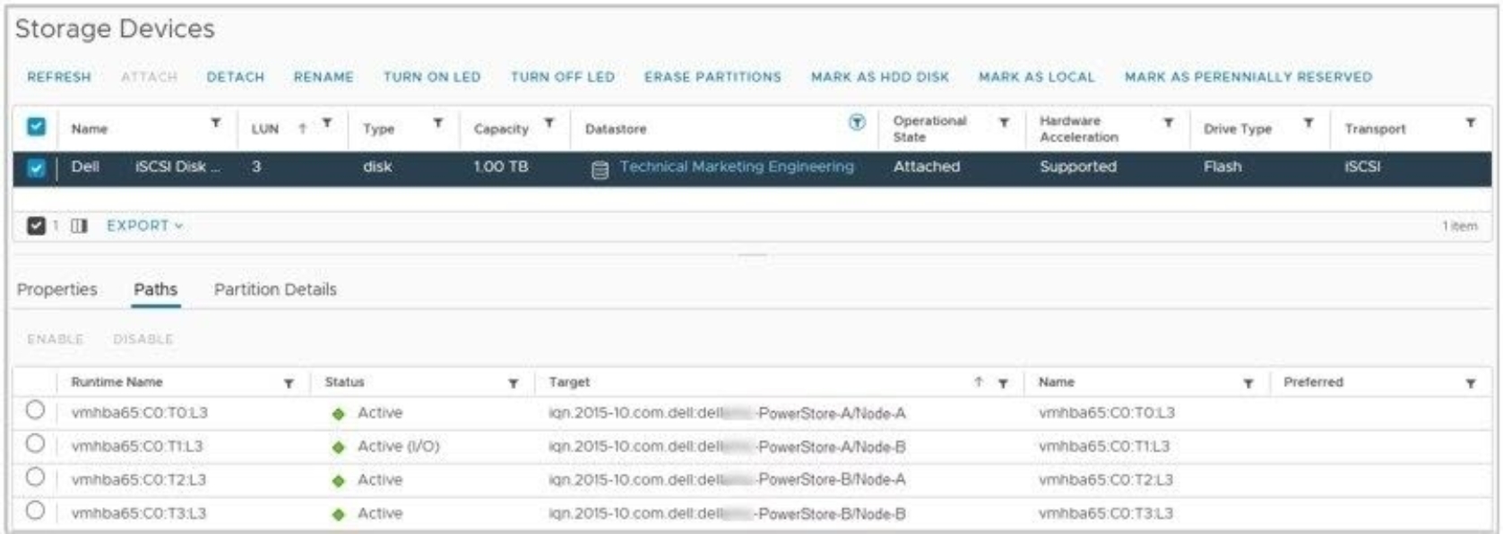 vSphere client storage device and list of four paths