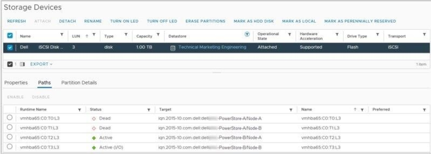 vSphere client storage device and list of four paths with two active and two dead