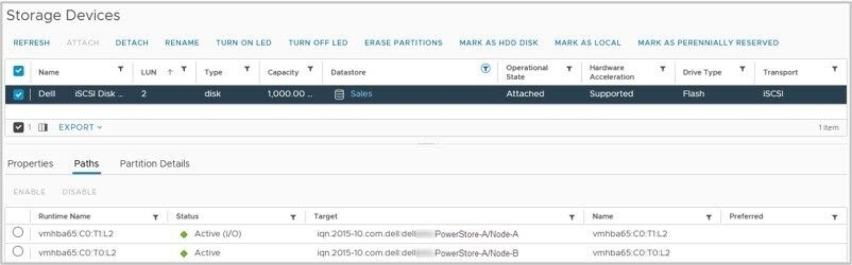 vSphere client storage device and list of two paths