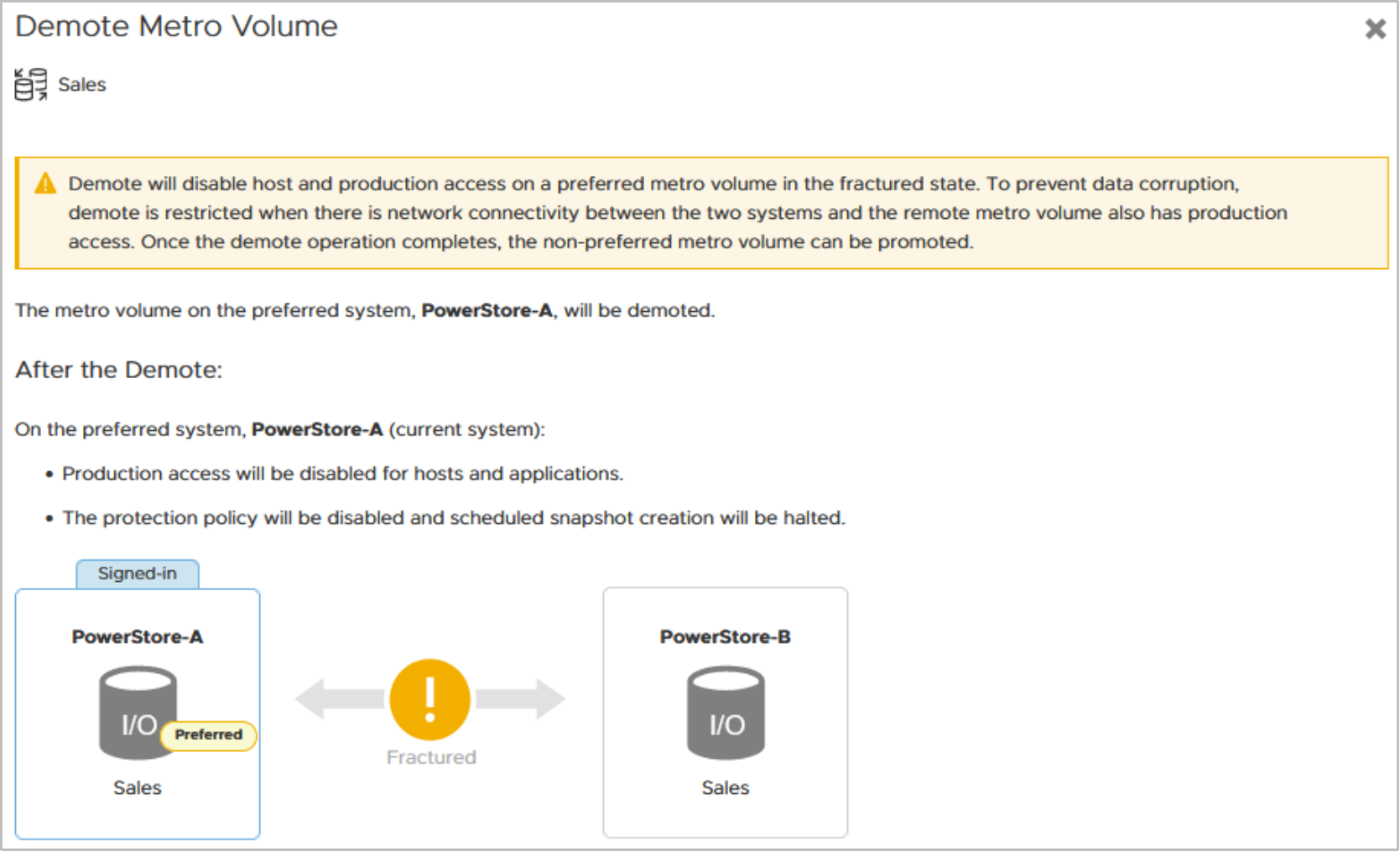 PowerStore Manager Demote Metro Volume summary