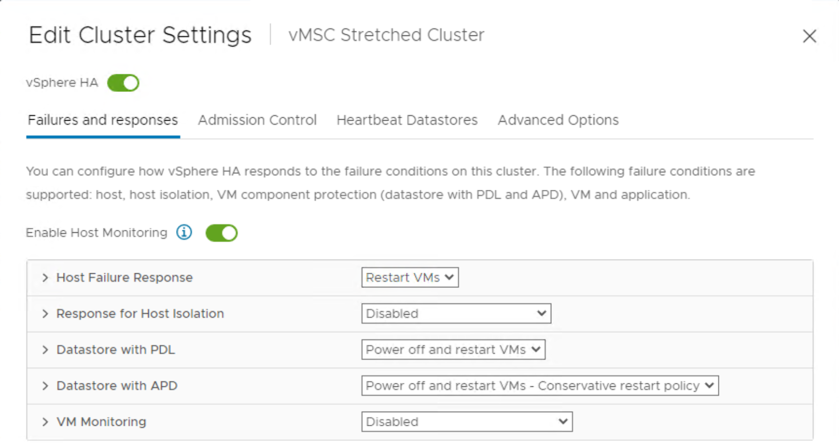 vSphere client configuration of HA PDL and APD condition handling