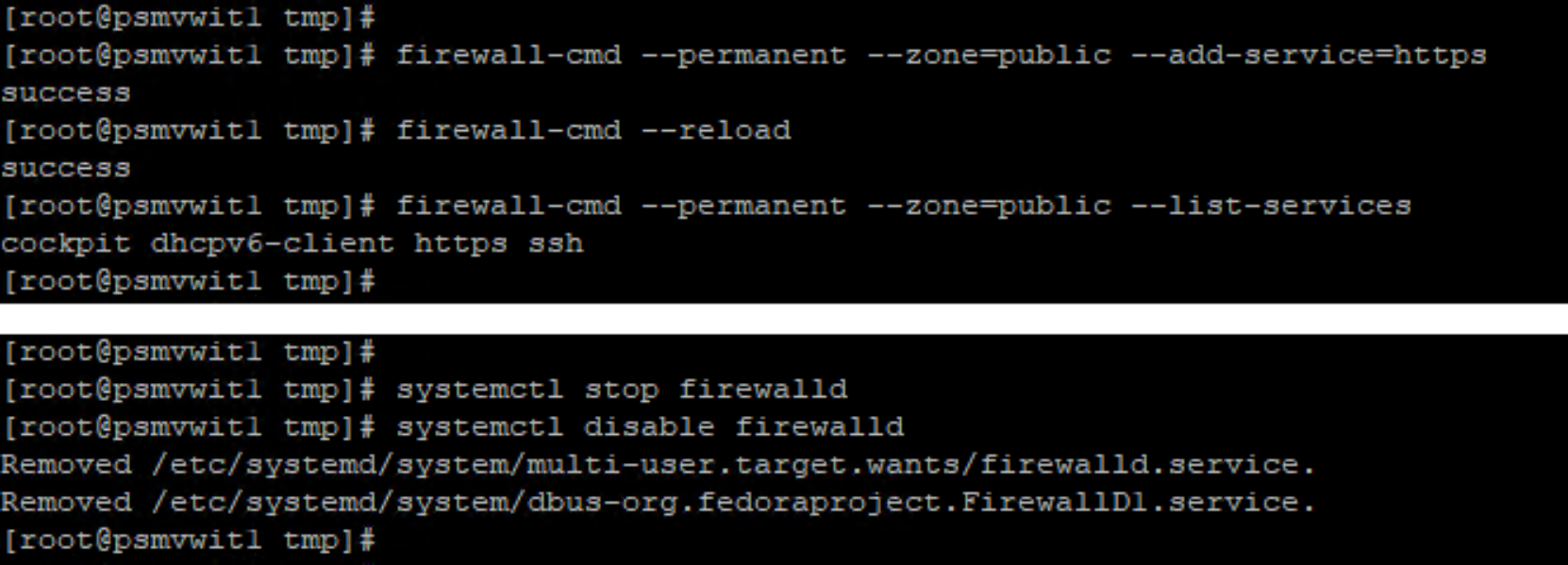 CLI output of firewall configuration