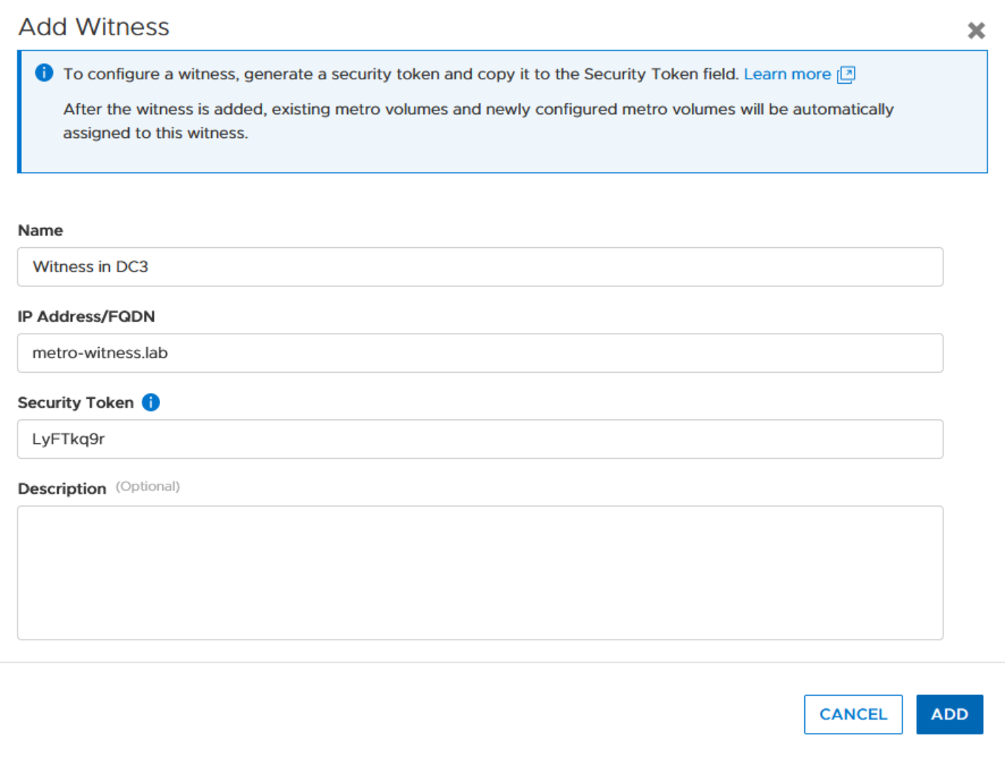 PowerStore Manager Add Witness workflow. Fields are Name, IP Address/FQDN, Security Token, and Description