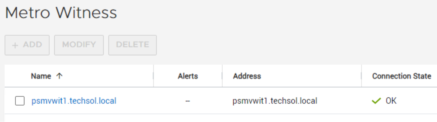 PowerStore Manager list of Metro Witnesses. One Metro Witness is configured and displayed