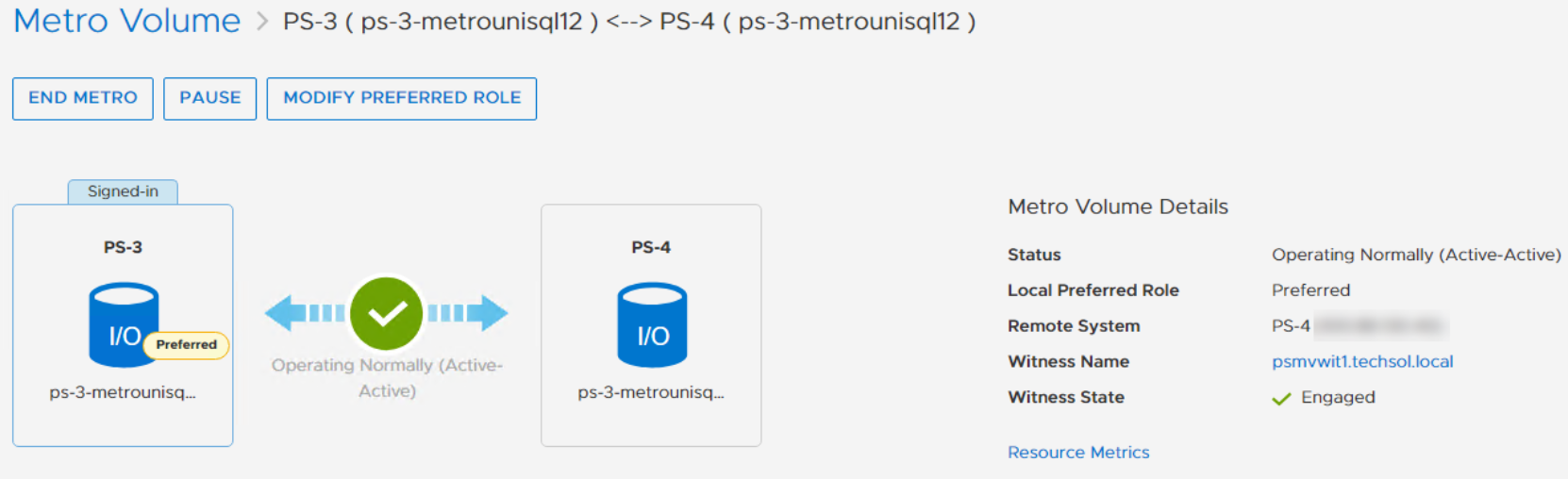 PowerStore Manager healthy status of ps-3-metrounisql2 Metro Volume