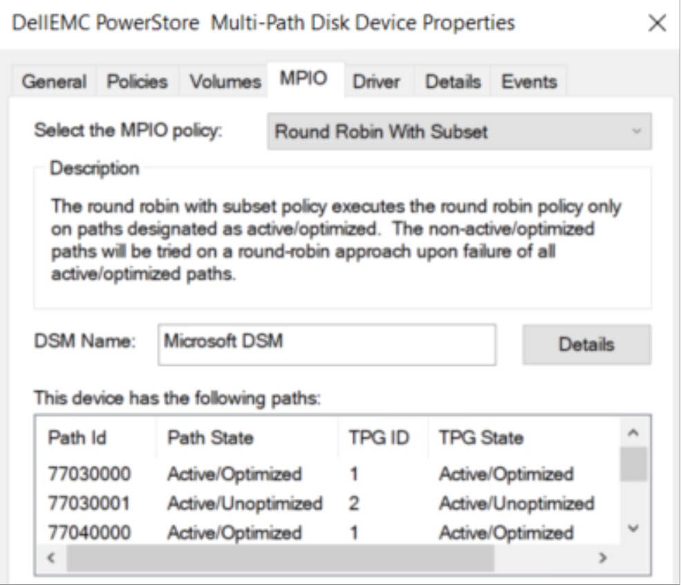 A Windows Server Multi-Path Disk Device Properties window is shown with a mix of Active Optimized and Active Unoptimized MPIO paths for a PowerStore Volume. 