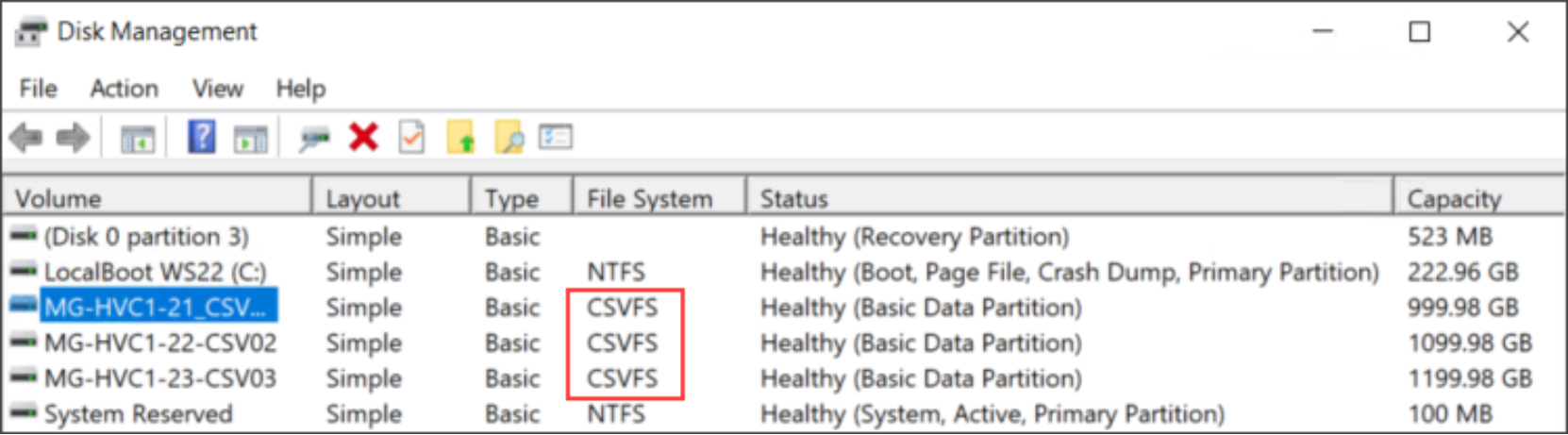 A Windows Server Disk Management window shows three cluster disks. A call-out highlights the file system used for the three cluster disks: CSVFS. 