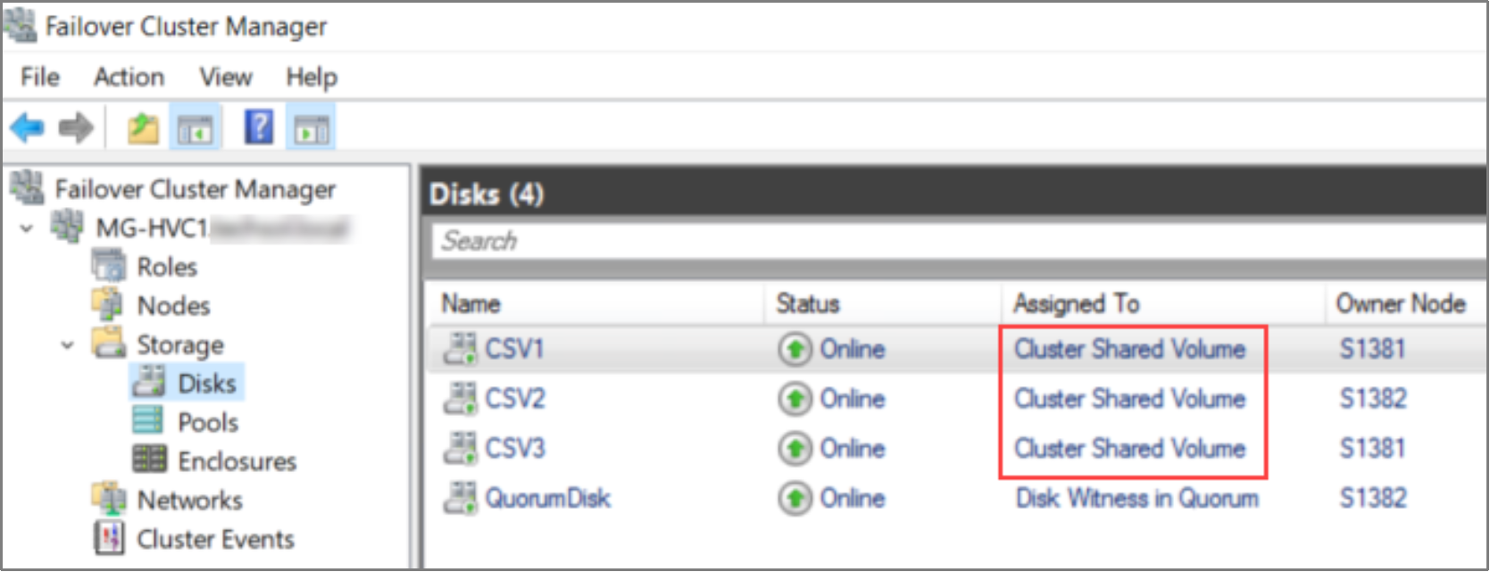 A Windows Server Failover Cluster Manager window shows three cluster shared volumes assigned to a Windows cluster. The volumes are named CSV1, CSV2, and CSV3.