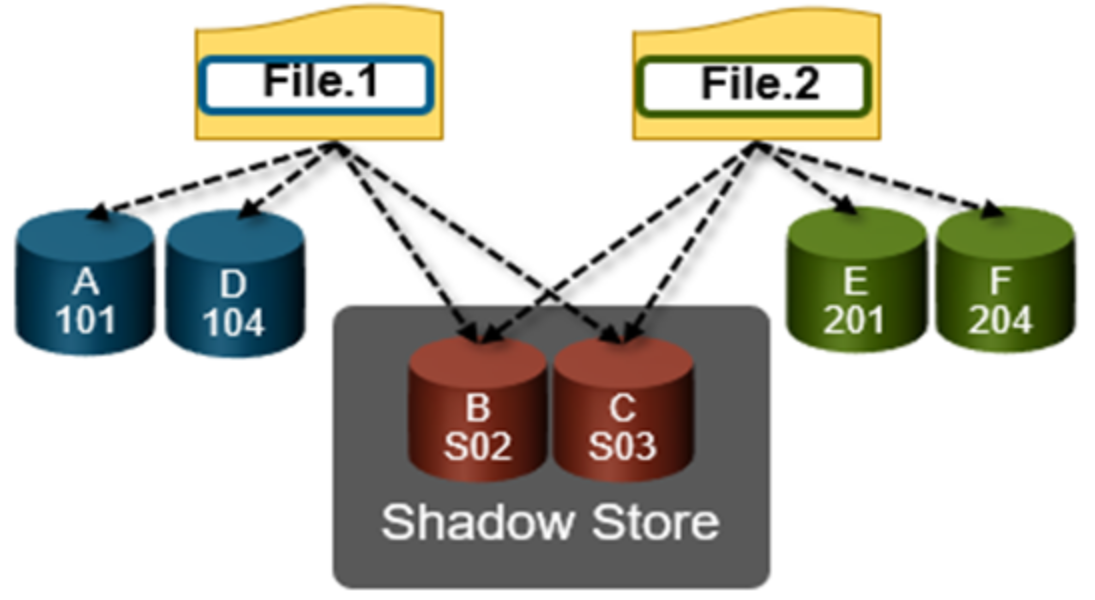 Graphic showing OneFS duplicate block sharing from a shadow store.