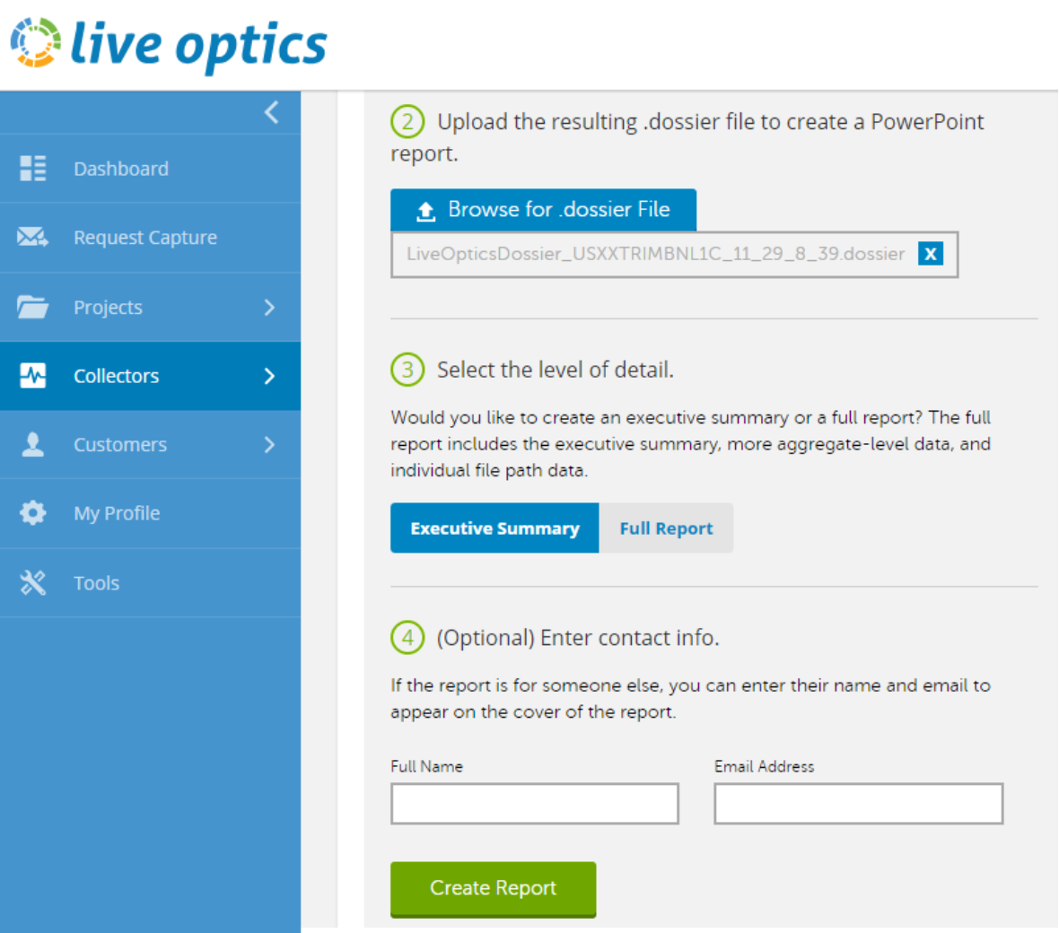 Screenshot showing Live Optics Dossier data upload.