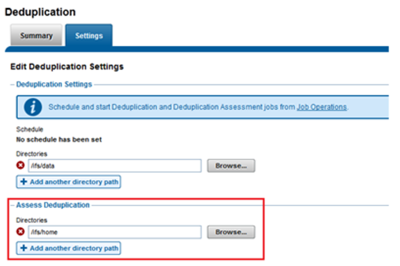 WebUI screenshot showing deduplication assessment job configuration.