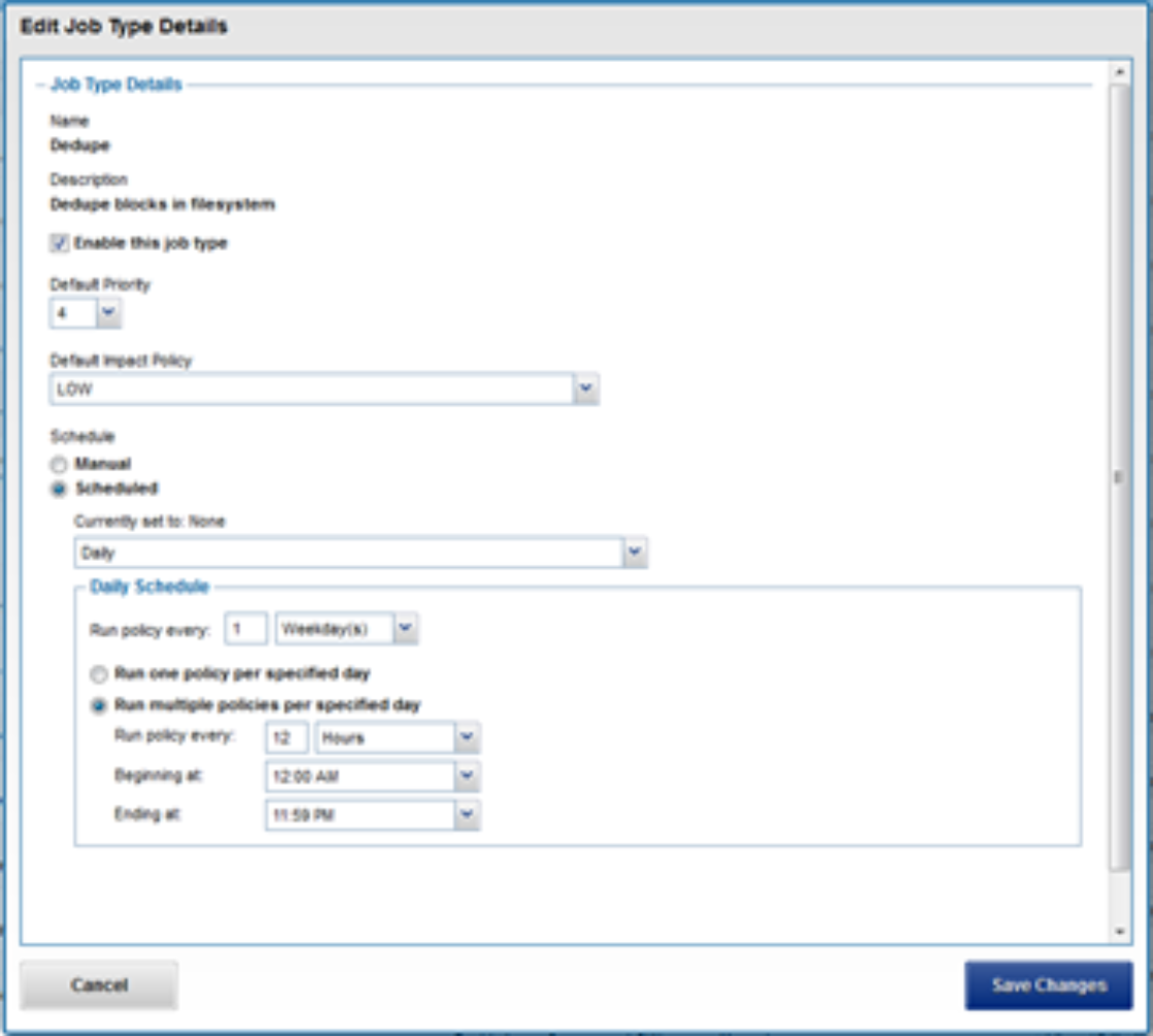 Screenshot showing SmartDedupe job configuration and scheduling through the OneFS WebUI