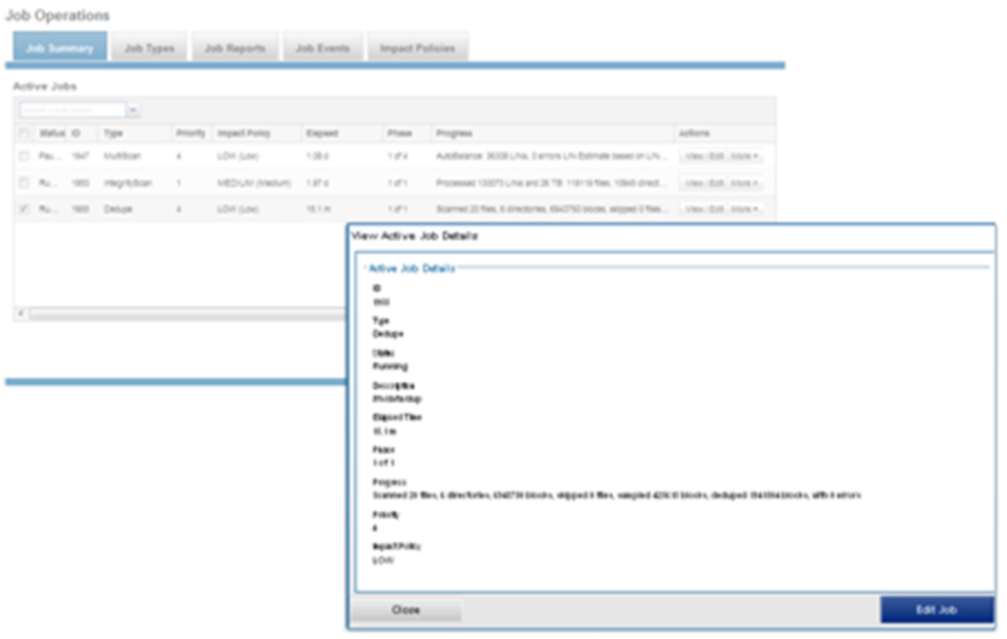 WebUI screenshot showing an example of an active job status update.
