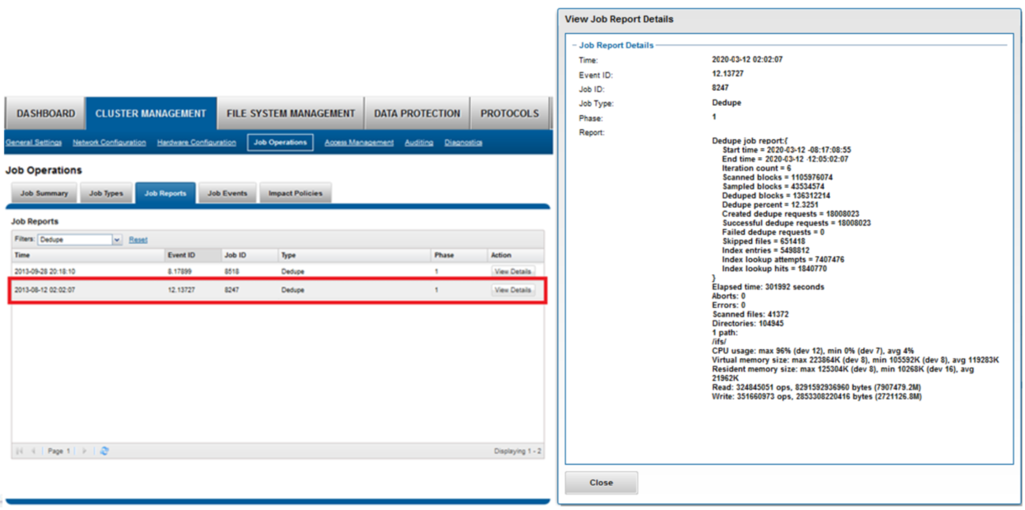 WebUI screenshot showing a deduplication job report.