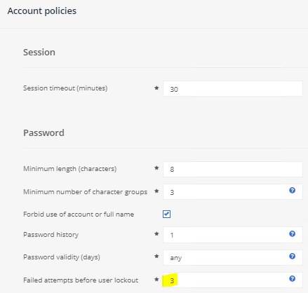 Failed attempts before user lockout