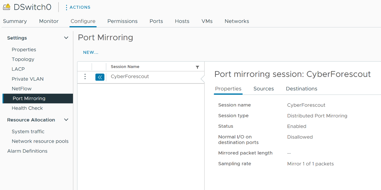 Example of configured port mirroring showing destination port groups for the specific rule