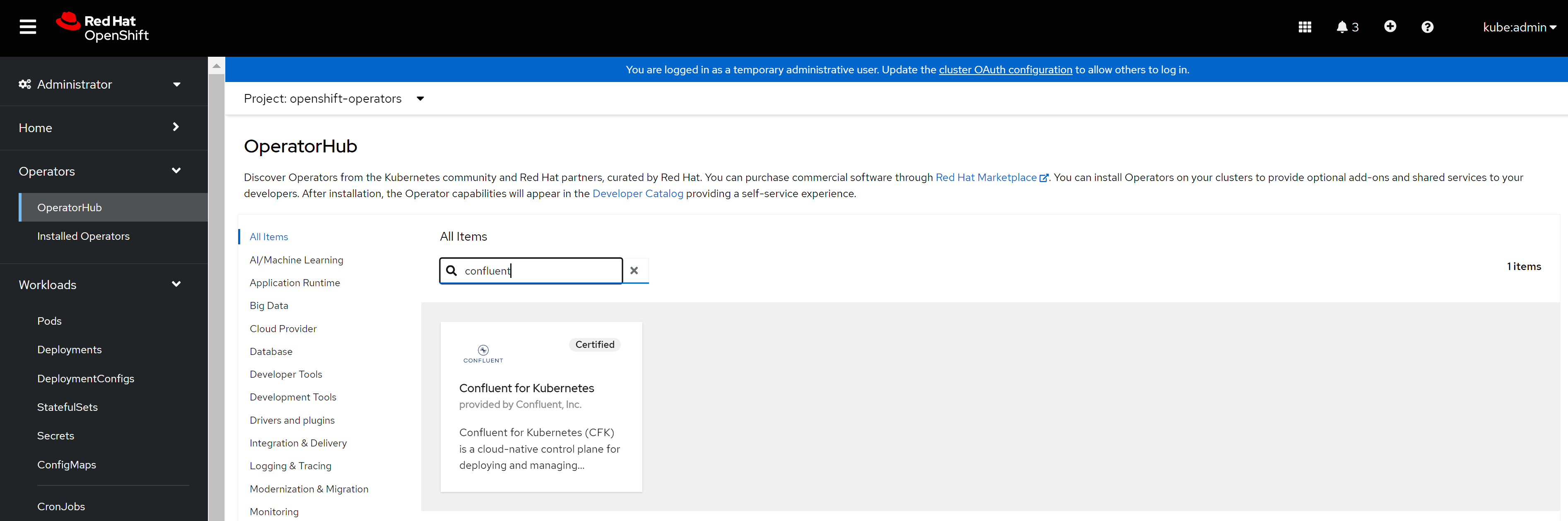 A screenshot of the Confluent Kafka operator from Red Hat Marketplace