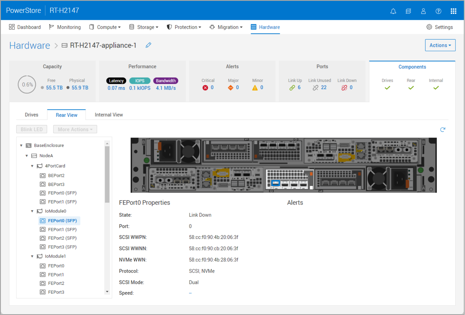 This screenshot show the SCSI Mode attribute in the components view under hardware of PowerStore Manager.  The SCSI Mode in this example is dual which means that the port can be used for import.