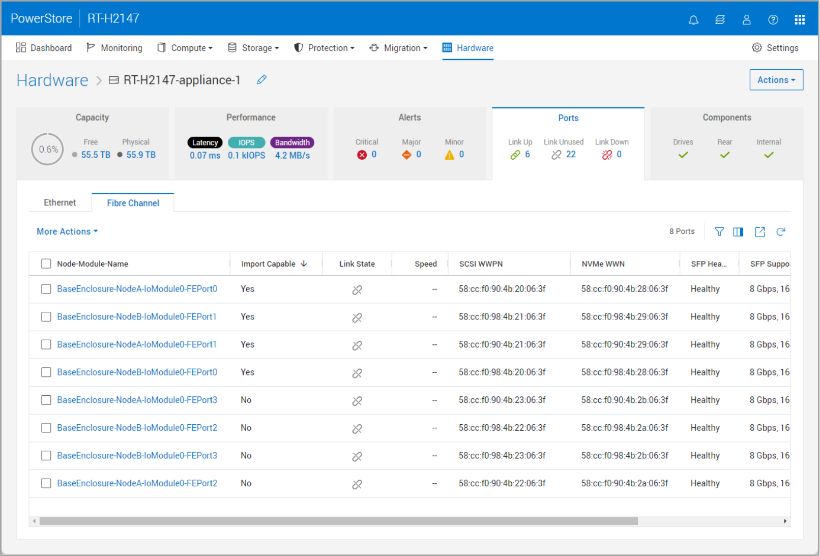 This screenshot shows the import capable column in the ports view under hardware in PowerStore Manager.  This example shows 4 ports that say YES for import capable and others that say NO for import capable.  