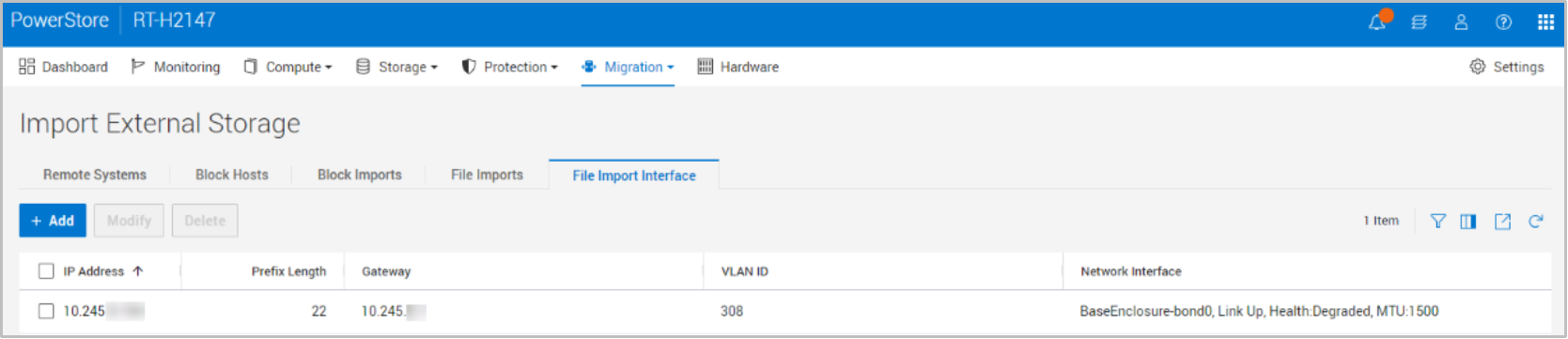 This screenshot shows the file import interface pane located in the Import External Storage section of PowerStore Manger