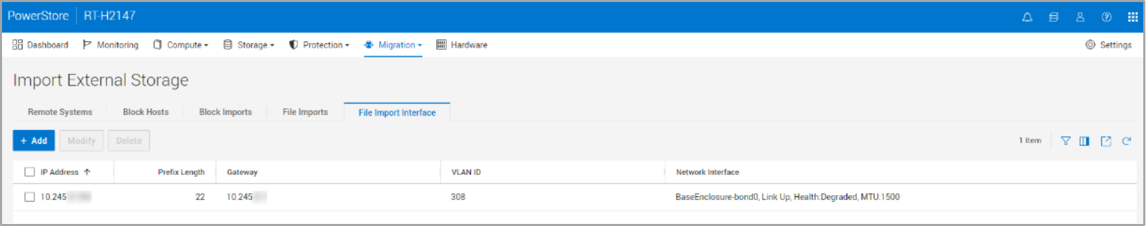 This screenshot shows the file import interface details in the import external storage section of PowerStore Manager. 