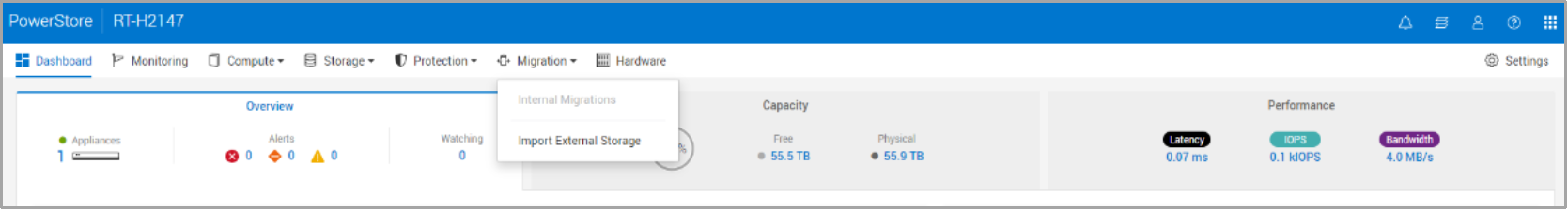 This screenshot shows how you navigate to the Import External Storage page in PowerStore Manager.  