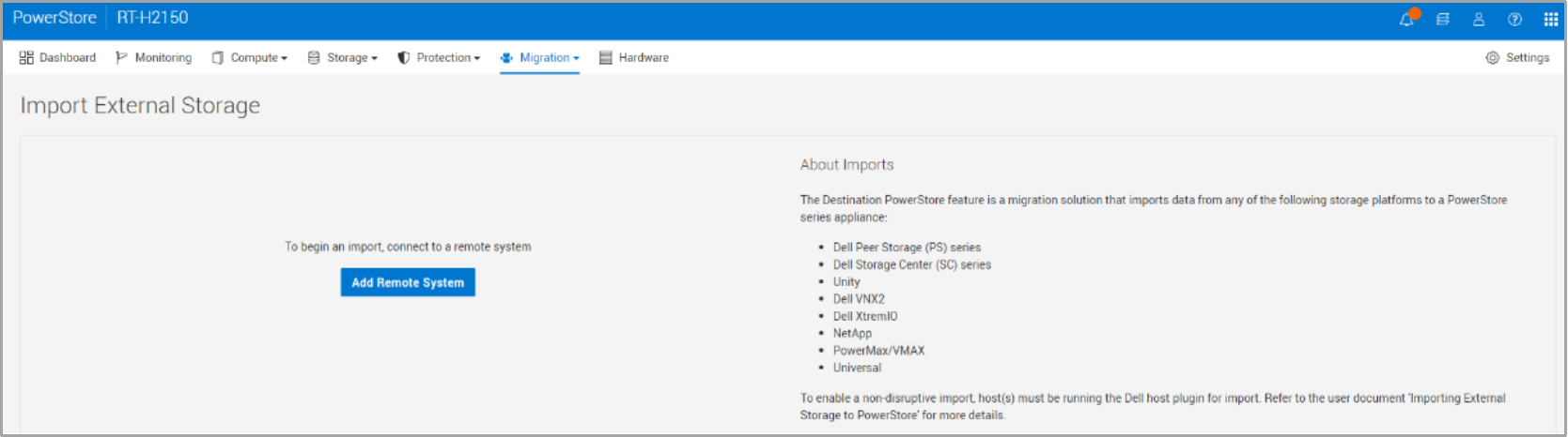 This screenshot shows the Add Remote System section of PowerStore Manager.  